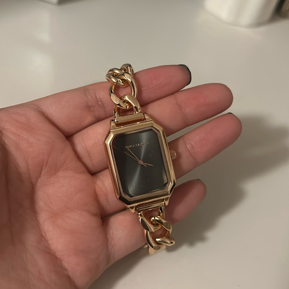 NWT VINCE CAMUTO ROSE GOLD TONE METAL CHAIN BRACELET WITH BLACK DIAL